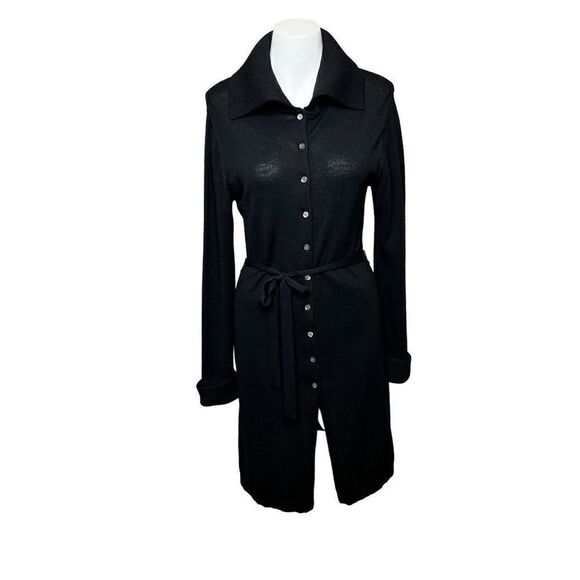 Halogen black merino wool button up cardigan with tie belt size M - Picture 1 of 14